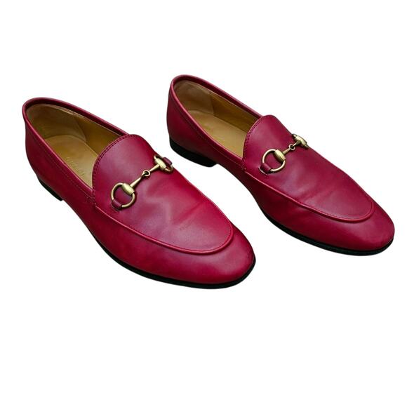 Gucci Jordaan Horsebit Flat Slip On Loafer Red Leather Gold Buckle Size 37 US 7 - Picture 1 of 11